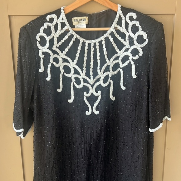 Vintage Brilliante JA 100% Silk Allover Beaded Black White Sheath Midi Dress 2X - Picture 2 of 15